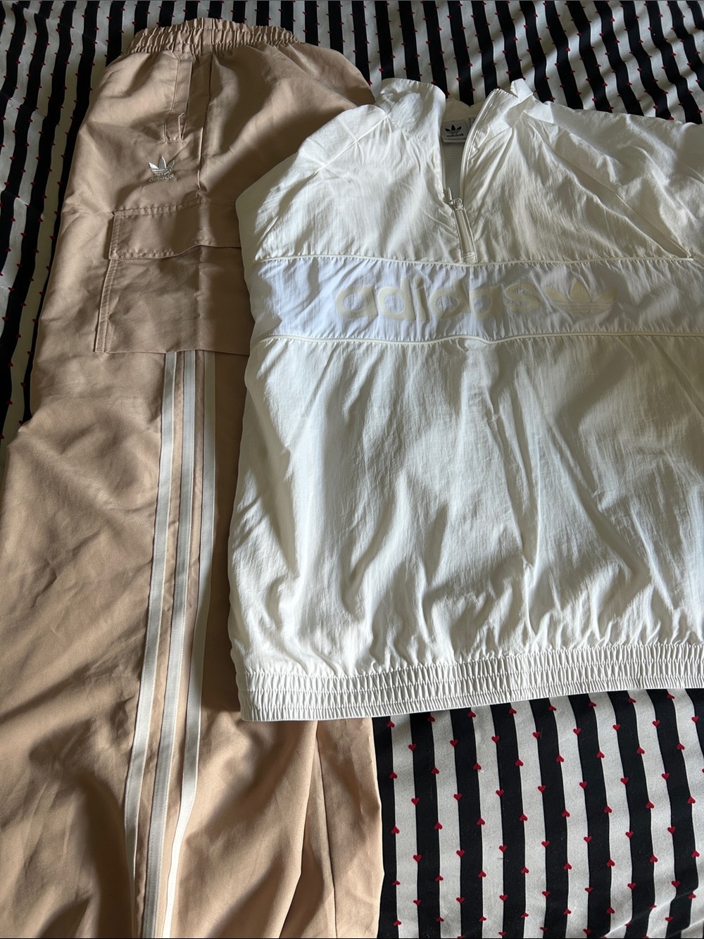 adidas White Pullover Windbreaker with Beige Track Pants